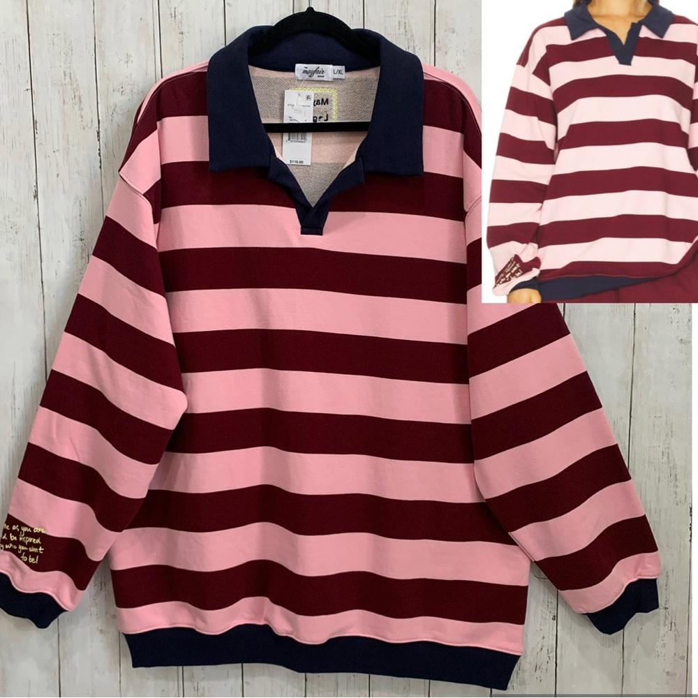 The Mayfair Group Come As You Are Striped Collar Oversized L/XL Sweatshirt